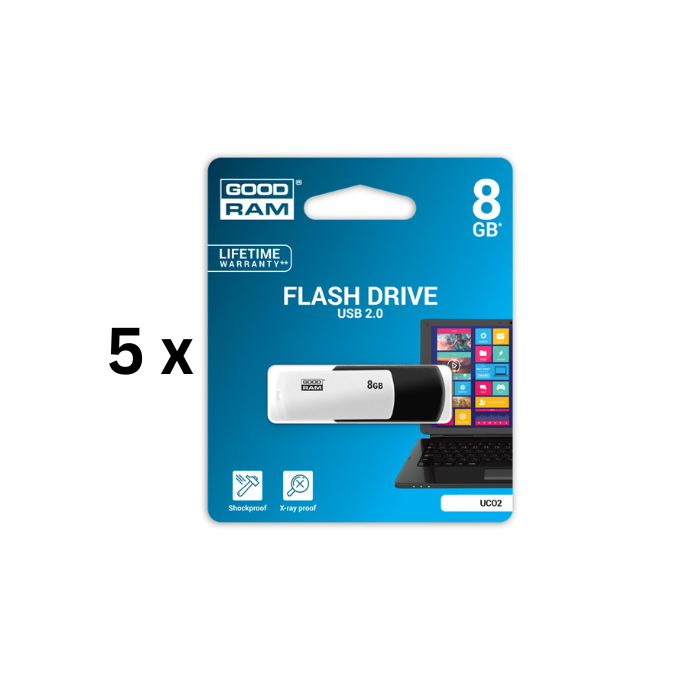 Atmintinė USB 2.0 GOODRAM UCO2 8GB, juoda/balta sp. pakuotė 5 vnt.