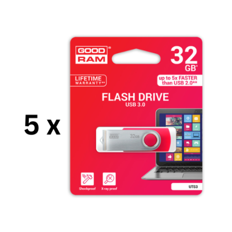 Atmintinė USB 3.0 GOODRAM UTS3 32GB, raudona sp. pakuotė 5 vnt.