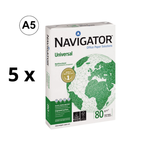 Biuro popierius NAVIGATOR UNIVERSAL, A5, 80 g/m2, 500 lapų pakuotė 5 vnt.