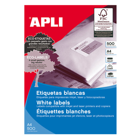 Lipnios etiketės APLI, 105 x 74 mm, A4, 8 lipdukai lape, 500 lapų, balta sp