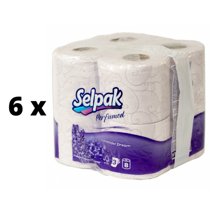 Tualetinis popierius SELPAK Spa Lavender, 3 sluoksniai, 18,6 metrai, 150 lapelių, 8 vnt.  x  6 vnt. pakuotė
