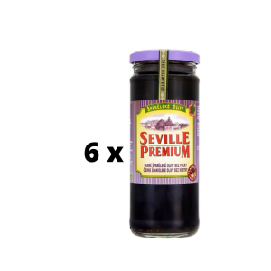 Alyvuogės PREMIUM SEVILLE, juodos be kauliukų, S dydis, 142 g / 70 g  x  6 vnt. pakuotė