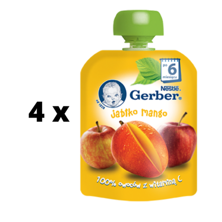 Vaikiška tyrelė GERBER obuolių ir mango skonio maišelyje, 90g  x  4 vnt pakuotė