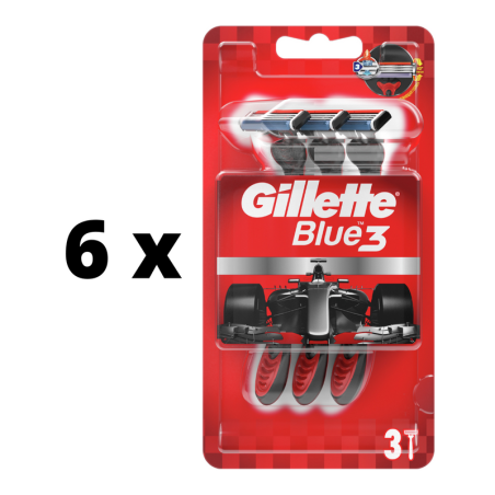 Vienkartiniai skustuvai Gillette BLUE 3 Raudonas, 3 vnt.  x  6 vnt. pakuotė