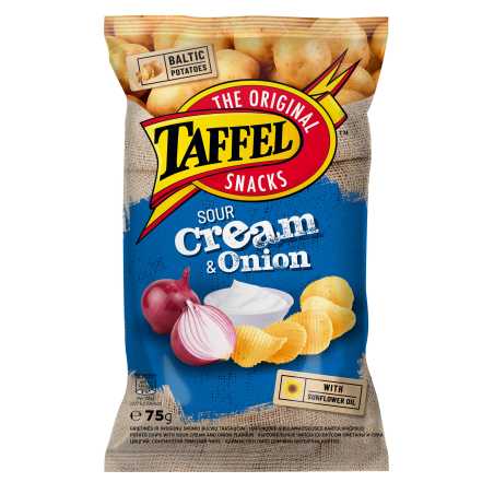 Taffel Sour Cream & Onion Chips bulvių trašk., 75 g, 28 pakuočių komplektas
