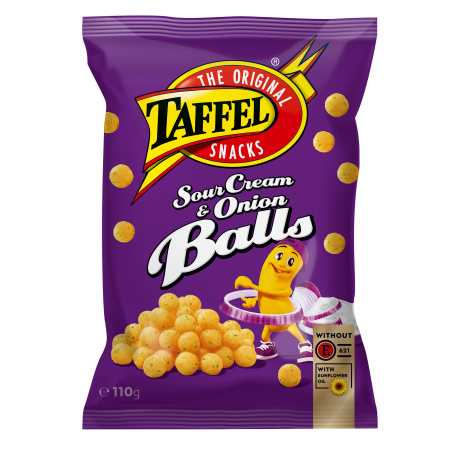 Taffel SourCream & Onion Balls kukurūz. trašk.,110 g, 18 pakuočių komplektas