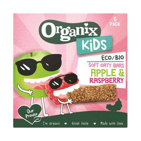 Organix  Kids  Eco  avižų batonėliai, avietė, obuolys, 6x30g, 6 pakuočių komplektas