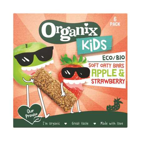 Organix  Kids  Eco  avižų batonėliai, braškė, obuolys, 6x30g, 6 pakuočių komplektas