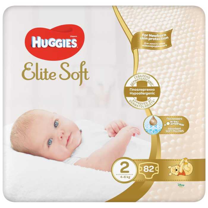 Huggies Elite Soft sausk 2(4-6kg) Newborn Mega 82vnt, 2 pakuočių komplektas