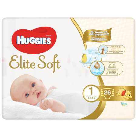 Huggies Elite Soft sauskelnės 1( 3-5 kg) Newborn, 26 vnt., 4 pakuočių komplektas