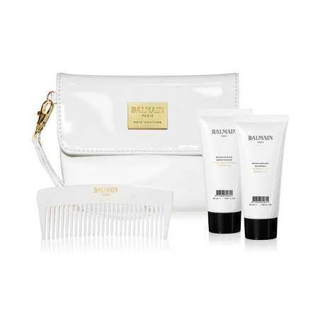 Balmain Hair Cosmetic Bag White Patent Travel kosmetinė su drėkinamuoju šampūnu ir kondicionieriumi, baltomis šukomis